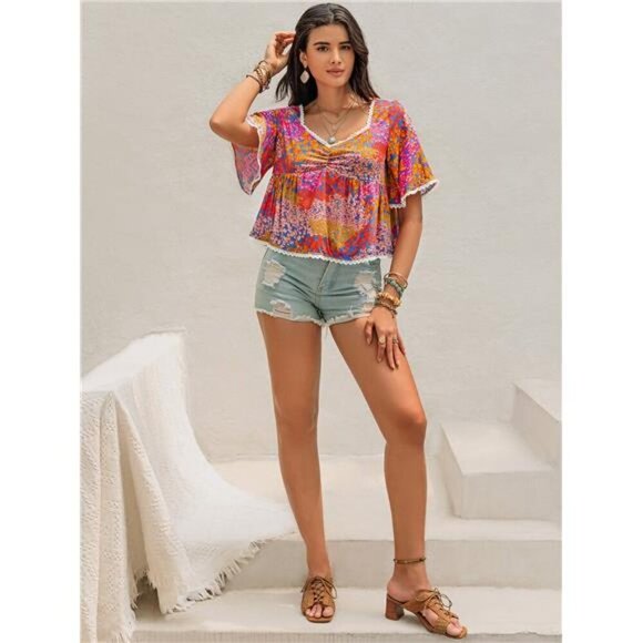 Ruched Printed Half Sleeve Blouse - Picture 7 of 7